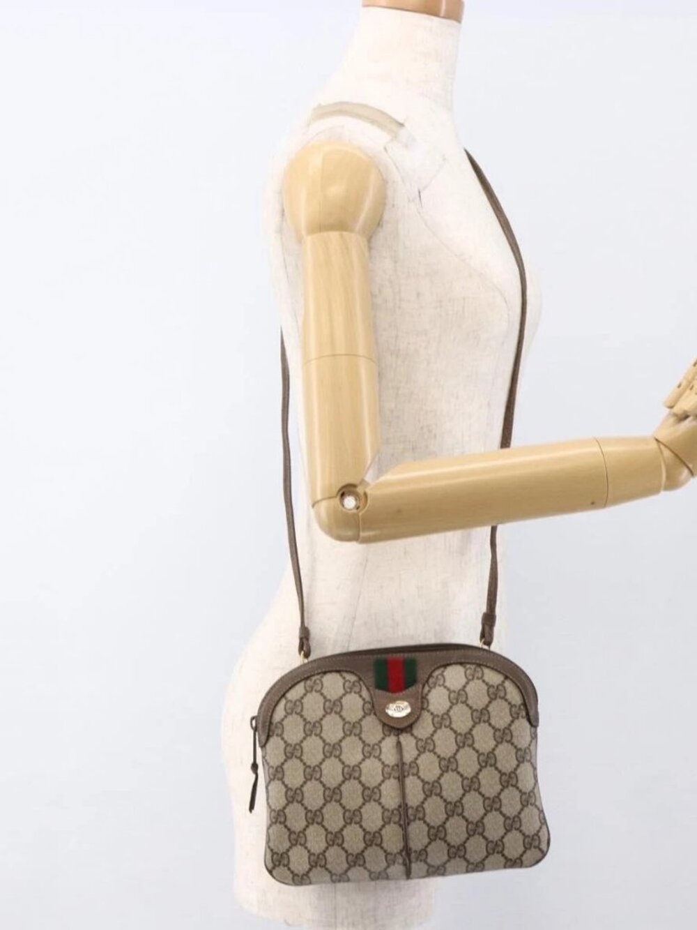 GUCCI GG Supreme Web Sherry Line Bag PVC Beige Gold 904 02 047 Auth ka2714